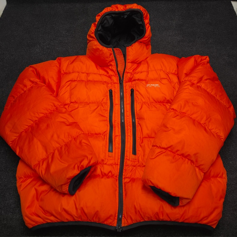 DKNY Jeans Mens Orange Down Puffer Jacket Hooded Performance Coat Size L